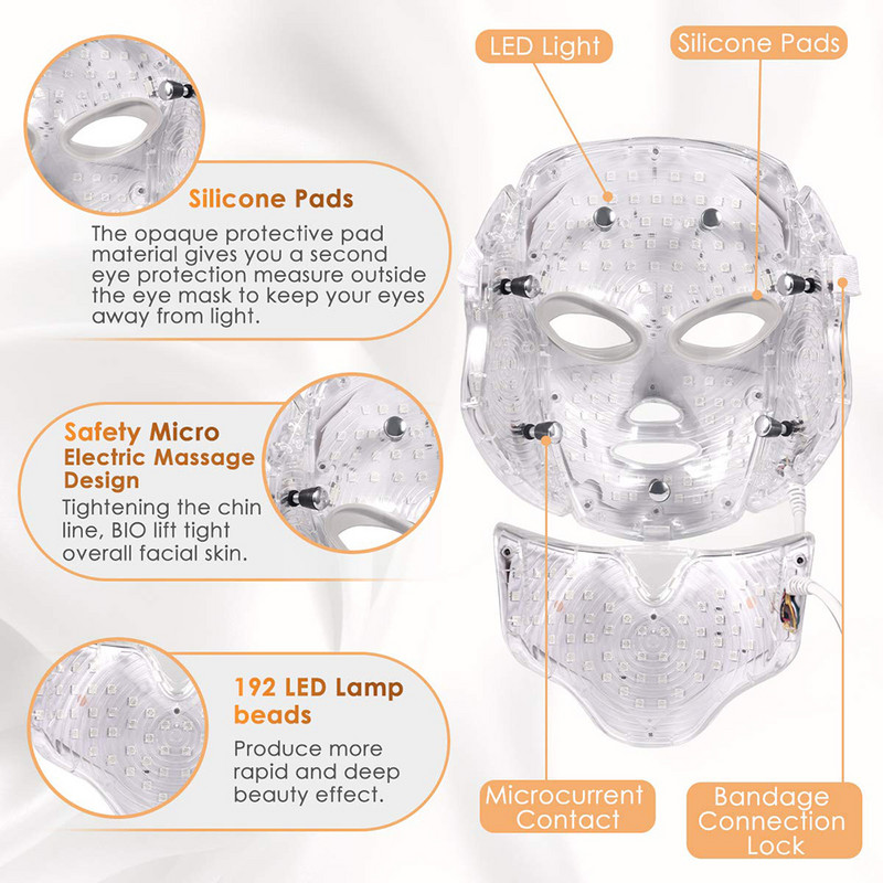 LED 7 Color Beauty Arcmaszk Nyak Fényterápia Fotorejuvenáció Arcbőrápolás Anti Aging Skin Mask Pattanáskezelés