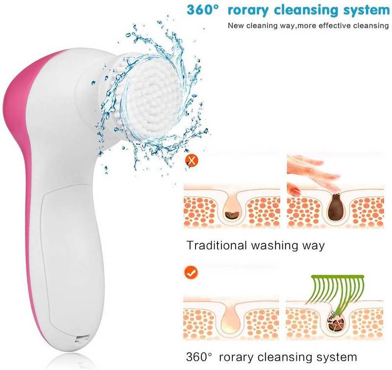 Perie electrică pentru curățarea feței 5 în 1 - Set de perii de învârtire a feței, rezistente la apă, cu 5 capete de perie, exfoliere delicată, îndepărtează punctele negre