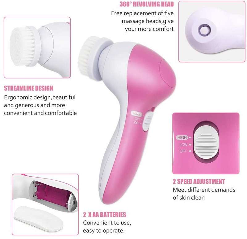 Perie electrică pentru curățarea feței 5 în 1 - Set de perii de învârtire a feței, rezistente la apă, cu 5 capete de perie, exfoliere delicată, îndepărtează punctele negre