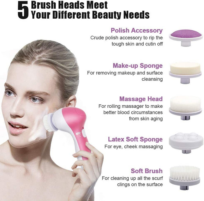 Perie electrică pentru curățarea feței 5 în 1 - Set de perii de învârtire a feței, rezistente la apă, cu 5 capete de perie, exfoliere delicată, îndepărtează punctele negre
