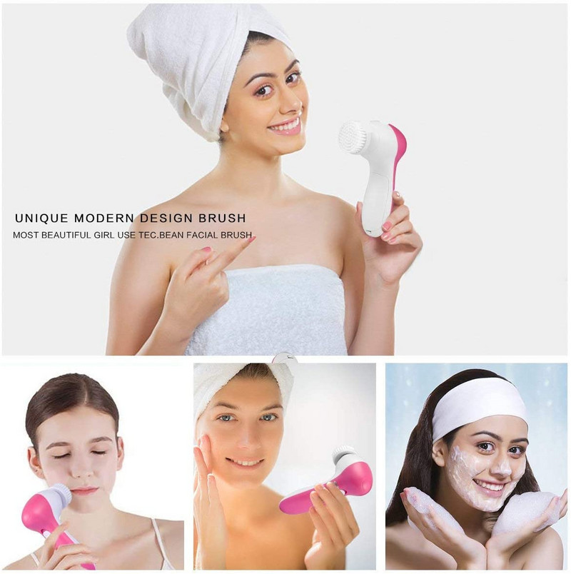 Perie electrică pentru curățarea feței 5 în 1 - Set de perii de învârtire a feței, rezistente la apă, cu 5 capete de perie, exfoliere delicată, îndepărtează punctele negre