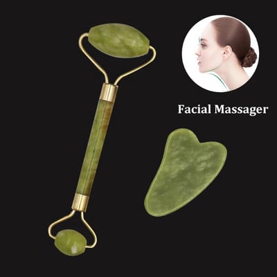 2-ühes roheline rull ja gua sha komplekt: Natural Jade Scraper Massager Silm Nägu Kael Thin Lift Relax Salendav Massage Roller Tool