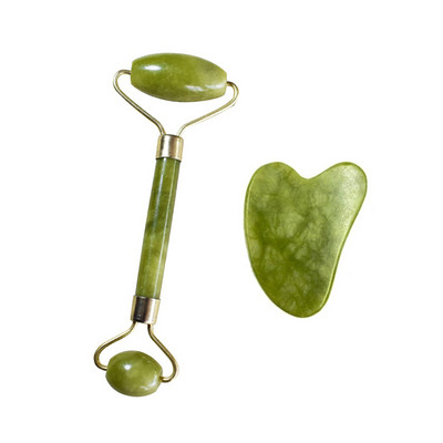 „2 viename“ žalias volelis ir „Gua Sha“ rinkinys „Natural Jade Scraper Massager Eye Veidas Kaklas Thin Lift Relax Liekninamasis masažinis volelis