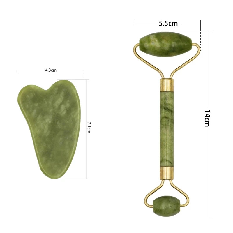 „2 viename“ žalias volelis ir „Gua Sha“ rinkinys „Natural Jade Scraper Massager Eye Veidas Kaklas Thin Lift Relax Liekninamasis masažinis volelis