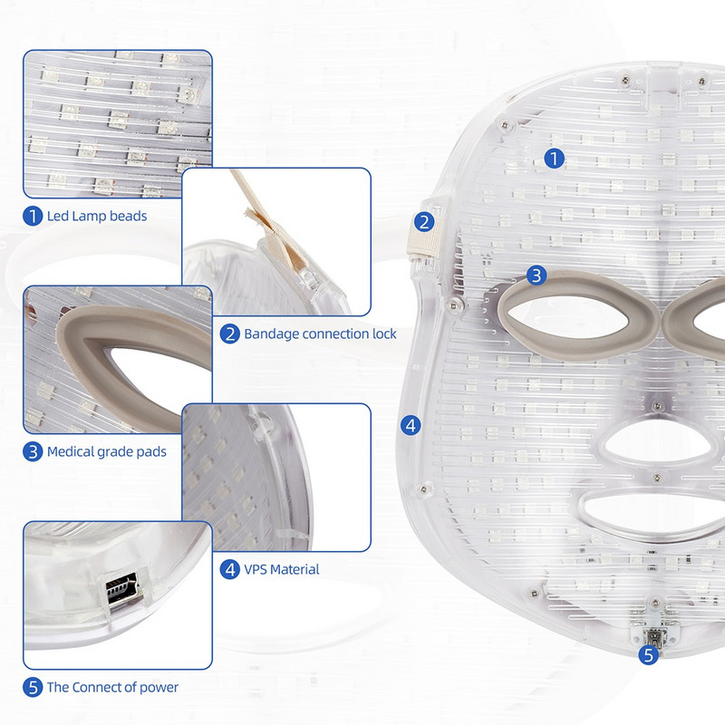 BOX-7 Colors LED Facial Beauty Mask Photon Therapy Bőrfiatalító Arc Akne Kezelés Otthoni használatra LED Light Bőrápoló SPA Szalon