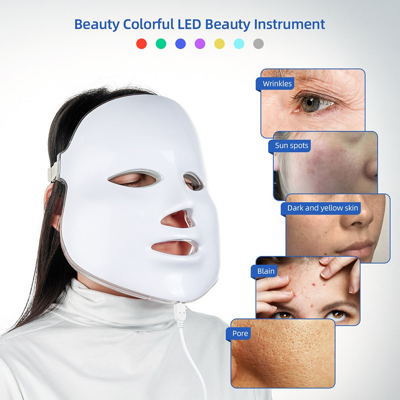 BOX-7 Colors LED Facial Beauty Mask Photon Therapy Bőrfiatalító Arc Akne Kezelés Otthoni használatra LED Light Bőrápoló SPA Szalon