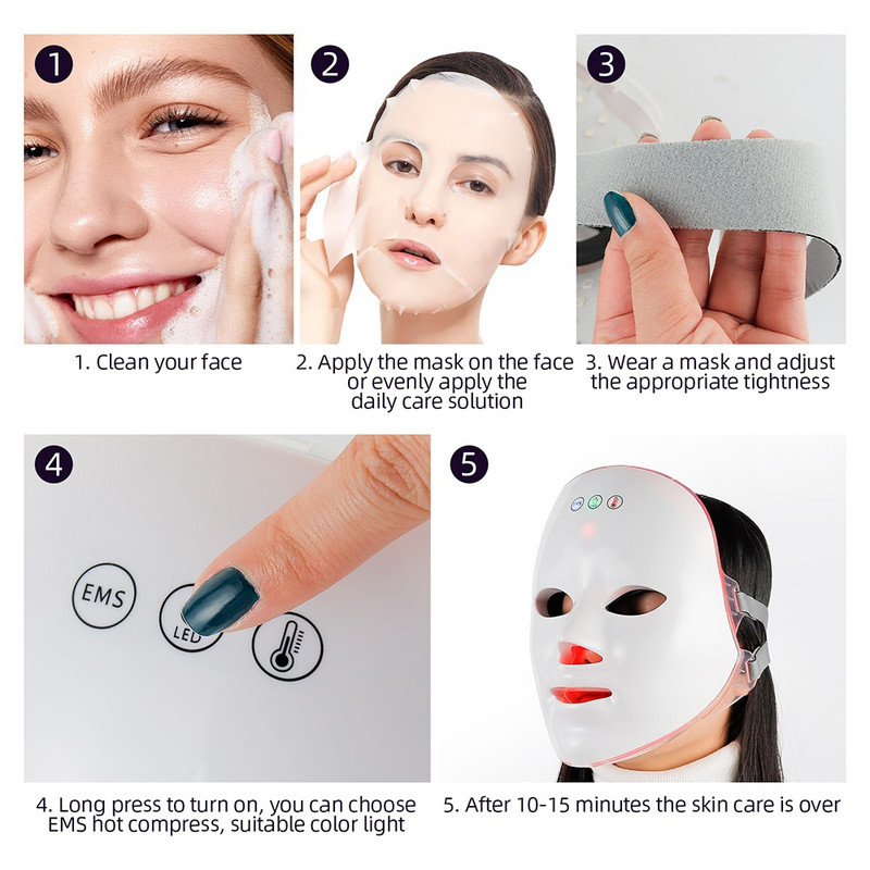 EMS Heating Therapy 7 Colors LED Photon Face Mask Microcurrent Skn Tighten EMS Mask Wireless Use Ránctalanító Bőrfeszesítő