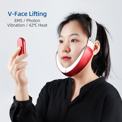EMS Face Slimming Chin Lift Belt Machine Red&Blue LED Photon Hot Compress Therapy V-Face Vibration Massager V-Line Up Tighten