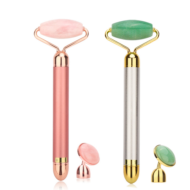 Vibráló görgős arcmasszázs Természetes Rózsakvarc Jade Görgős Arc Lifting Roller Jade Stone Archenger Szépségmasszázs eszköz