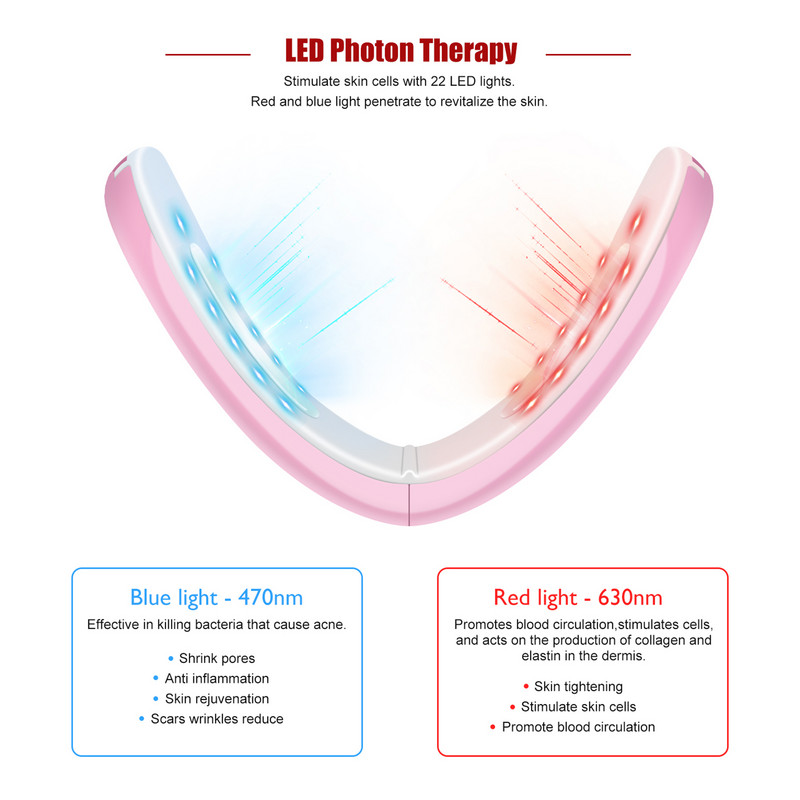 Chin V-Line Up Lift Belt Machine Red Blue LED Photon Therapy Arc Karcsúsító Vibrációs Masszírozó Arc Emelő Készülék V Arcápolás