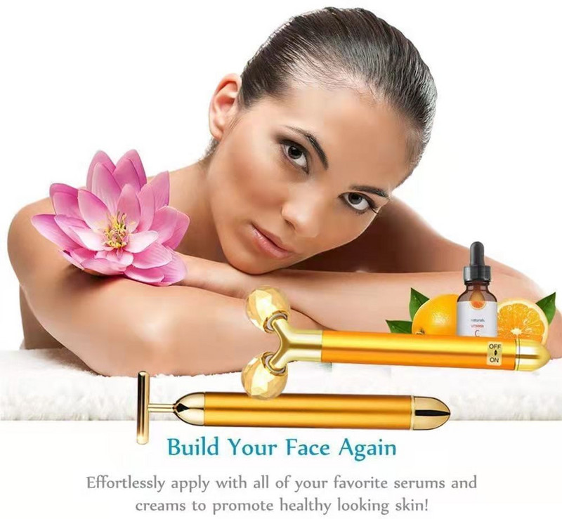 2 AZ 1-BEN Beauty Bar 24K Golden Impulzus Arcmasszírozó Elektromos 3D Roller T alakú Masszázs Bőrápoló Szerszám Face Lift ránctalanító