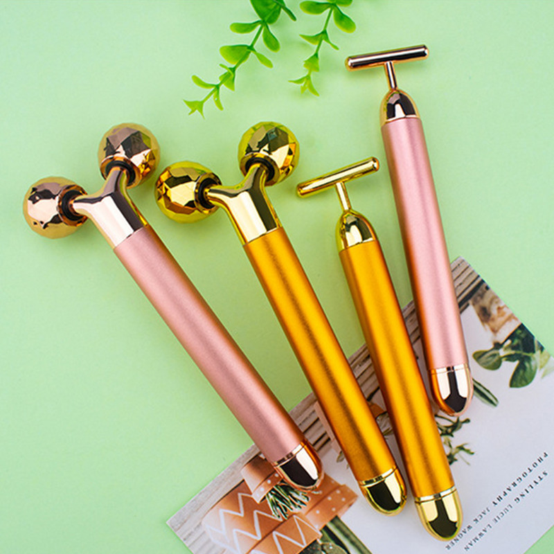 2 AZ 1-BEN Beauty Bar 24K Golden Impulzus Arcmasszírozó Elektromos 3D Roller T alakú Masszázs Bőrápoló Szerszám Face Lift ránctalanító