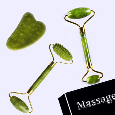 Rolă de masaj facial Guasha Board Capete duble Piatră de jad naturală Relaxare Slăbire Frumusețe Gât Lift subțire Lifting Față Piele corporală