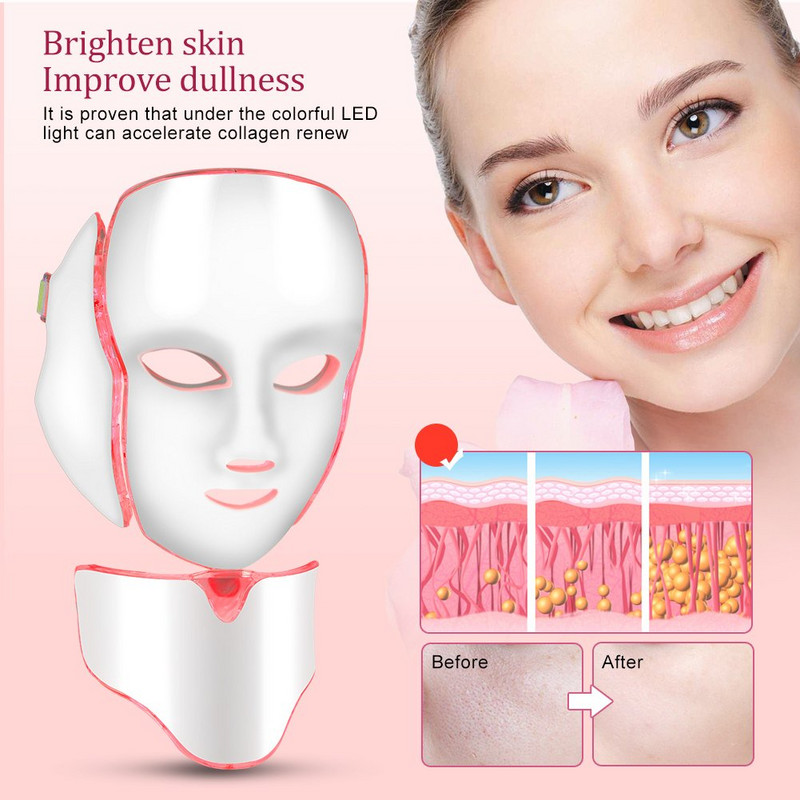 7 színű világos LED-es arcmaszk nyakkal, arcápoló kezeléssel Beauty akne elleni terápia arcfehérítő bőrfiatalító gép