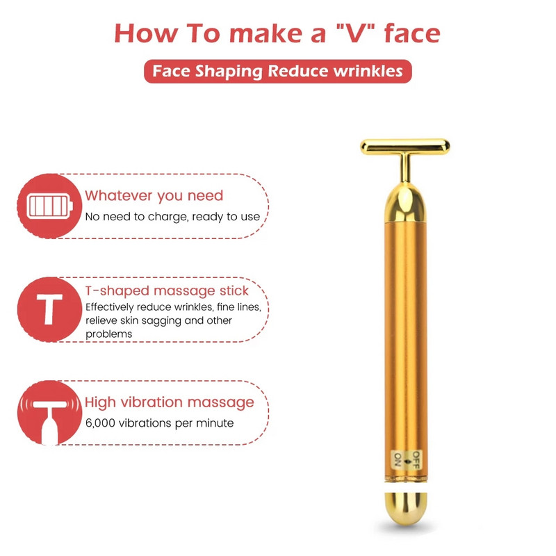 Ρολό μασάζ προσώπου 24 καρατίων Golden Energy Δονούμενος κύλινδρος μασάζ προσώπου σε σχήμα Τ για σύσφιξη του δέρματος Αντιρυτιδικός κύλινδρος μασάζ