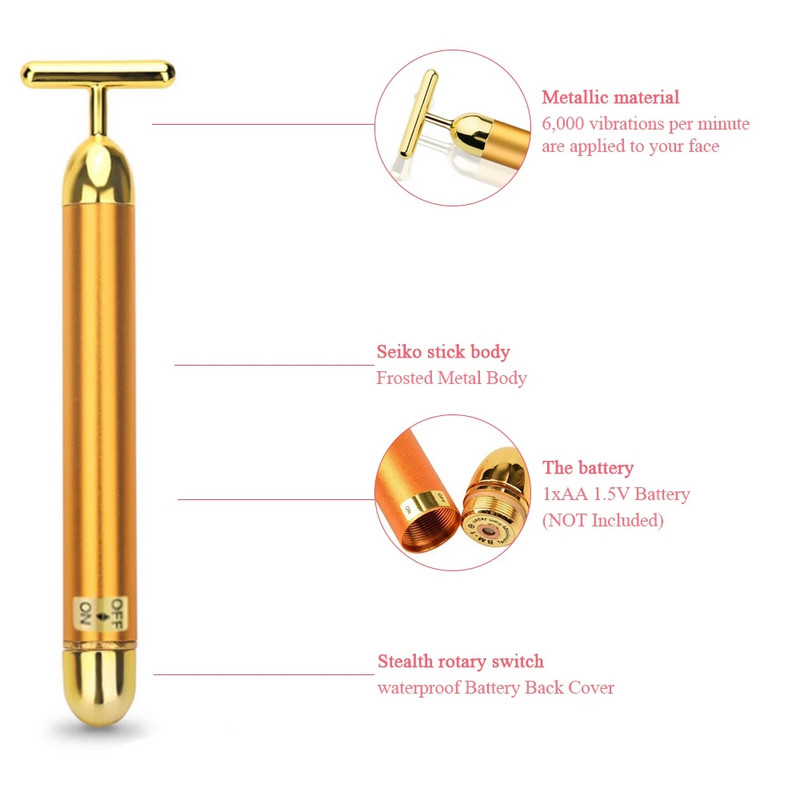 Ρολό μασάζ προσώπου 24 καρατίων Golden Energy Δονούμενος κύλινδρος μασάζ προσώπου σε σχήμα Τ για σύσφιξη του δέρματος Αντιρυτιδικός κύλινδρος μασάζ