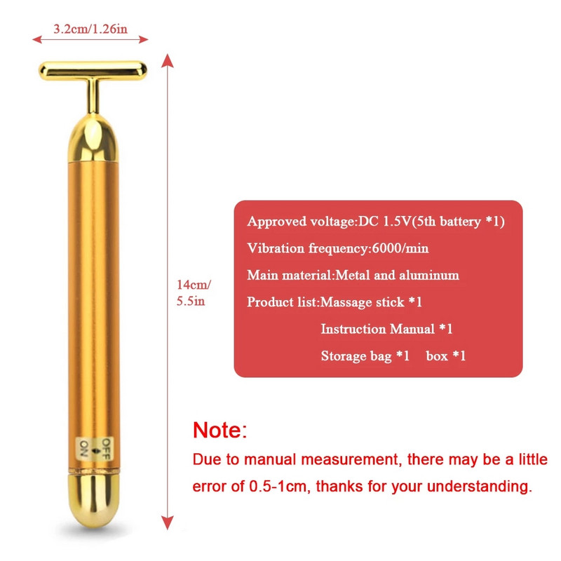 Ρολό μασάζ προσώπου 24 καρατίων Golden Energy Δονούμενος κύλινδρος μασάζ προσώπου σε σχήμα Τ για σύσφιξη του δέρματος Αντιρυτιδικός κύλινδρος μασάζ