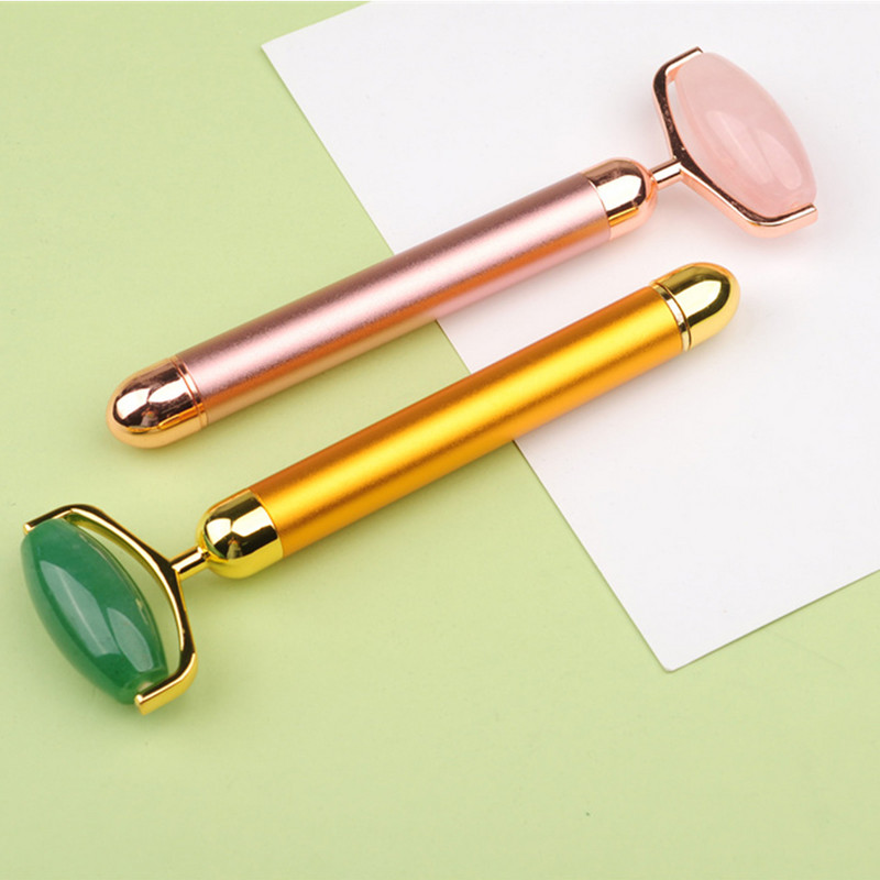 Electric Roller Jade Vibrating Rose Quartz/Aventurine Massager for Face Eye Neck Massage Facial Skin Care Chin Lift Slim Tool