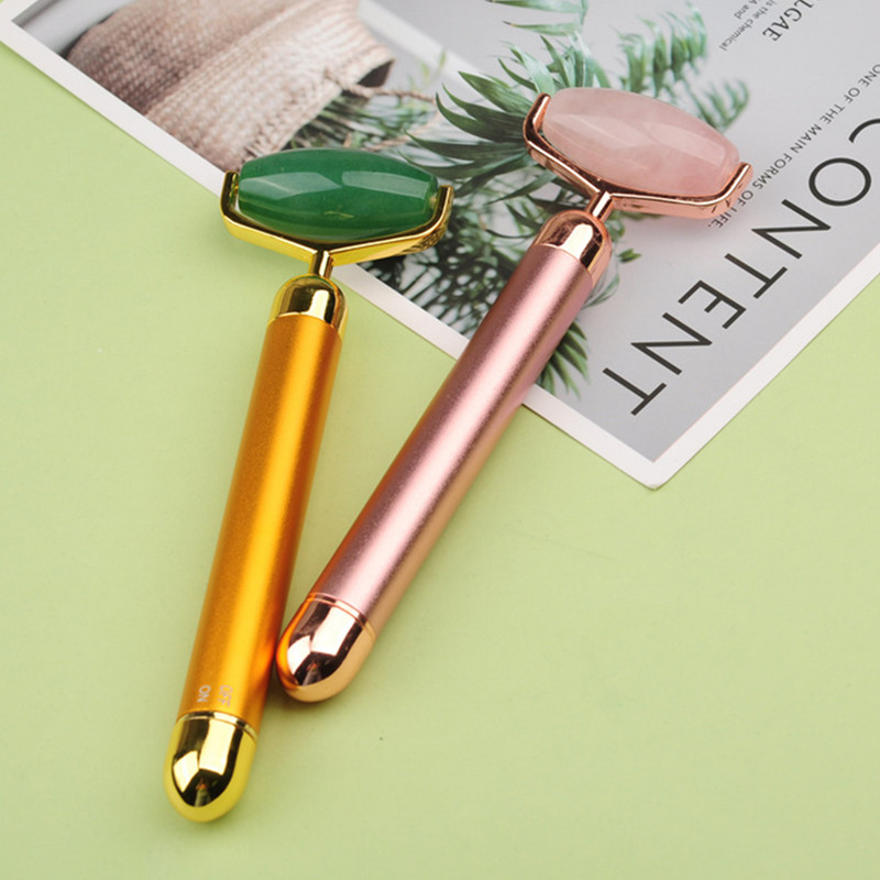 Electric Roller Jade Vibrating Rose Quartz/Aventurine Massager for Face Eye Neck Massage Facial Skin Care Chin Lift Slim Tool
