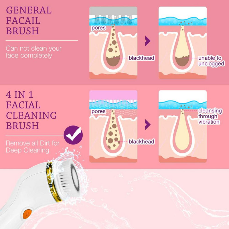 Električna četka za čišćenje lica Punjenje s 4 glave 2 brzine Najbolje za dubinsko čišćenje, nježni piling Stroj za uklanjanje crnila