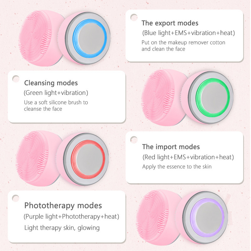 Elektromos mélytisztító arctisztító masszázskefe Sonic Face Washing 4 fényterápiás IPX7 vízálló szilikon arctisztító bőrápoló