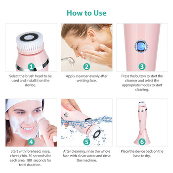 Електрическа четка за почистване на лице с 4 глави Водоустойчива безжична четка за измиване на лице За масаж Ексфолиране Почистване на петна Грижа за кожата