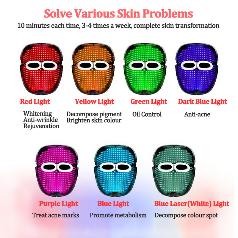7 Színű Led Arc Fényterápiás Maszk Pattanáskezelő gép Arc Bőrfiatalítás Fehérítő Brightening Care Beauty Device