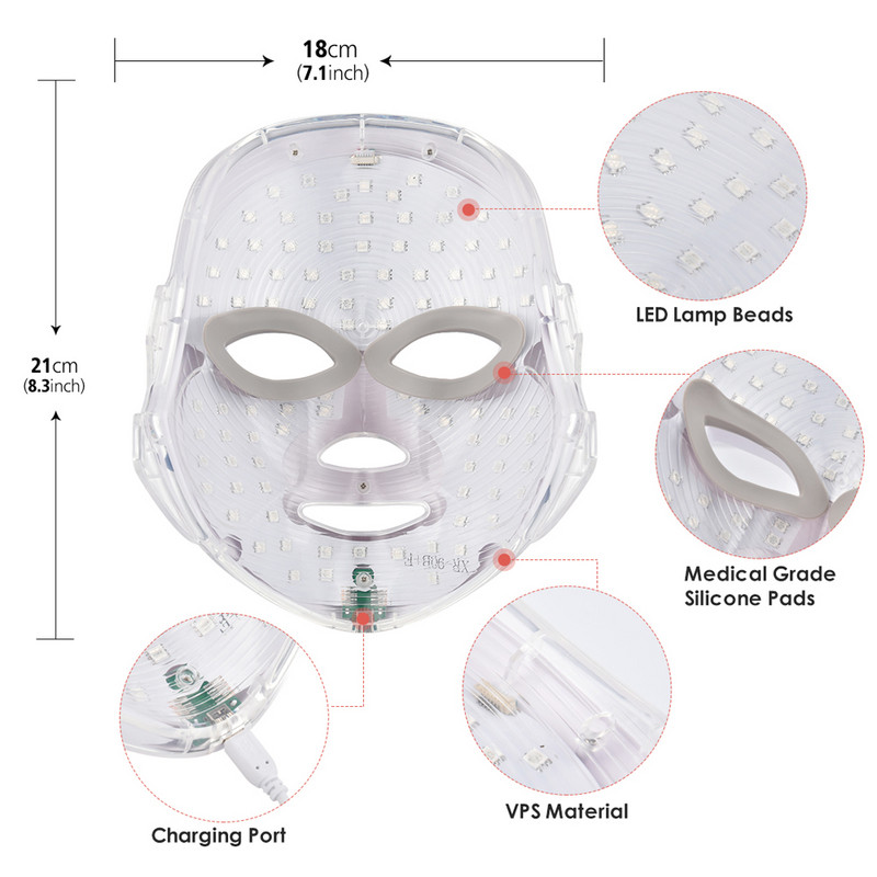 7 Színű Led Arc Fényterápiás Maszk Pattanáskezelő gép Arc Bőrfiatalítás Fehérítő Brightening Care Beauty Device