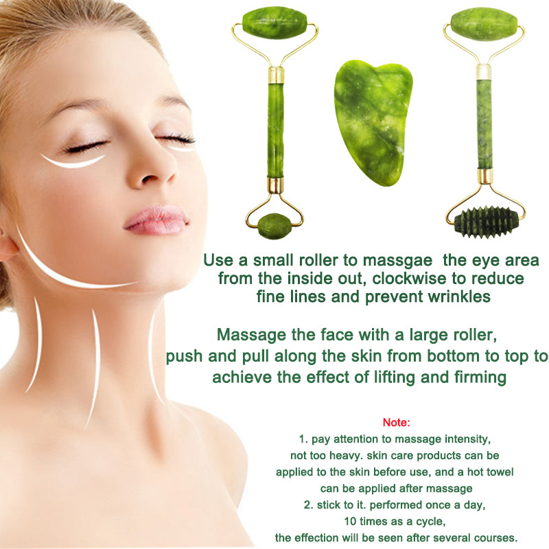Natūralus Jade Roller Guasha Skin Screper veido rinkinys Veido akmuo stangrina veidą senėjimą stabdantis paburkimas akių masažuoklis kaklui nuo raukšlių