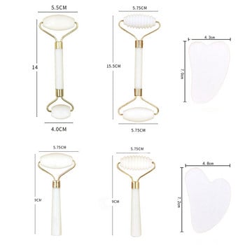 Нов бял нефритов камък Масаж с естествен кварцов стъргалка Нефритов валяк Гуа ша Комплект Бяло повдигане на лицето Масажор за лице Инструмент за гръб