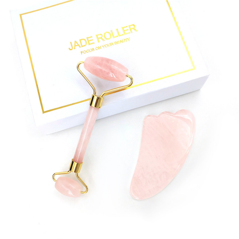 Cuarț trandafir natural Jad Roller Gua Sha Set Facial Body Massager Roller Jad Stone Set Masaj Set Face Lifting Beauty Masaj Instrument