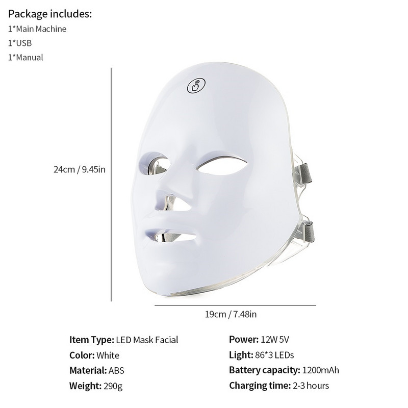USB Charge 7Colors LED arcmaszk foton terápiás bőrfiatalítás aknés ránctalanítás Bőrápoló maszk Bőrvilágosító