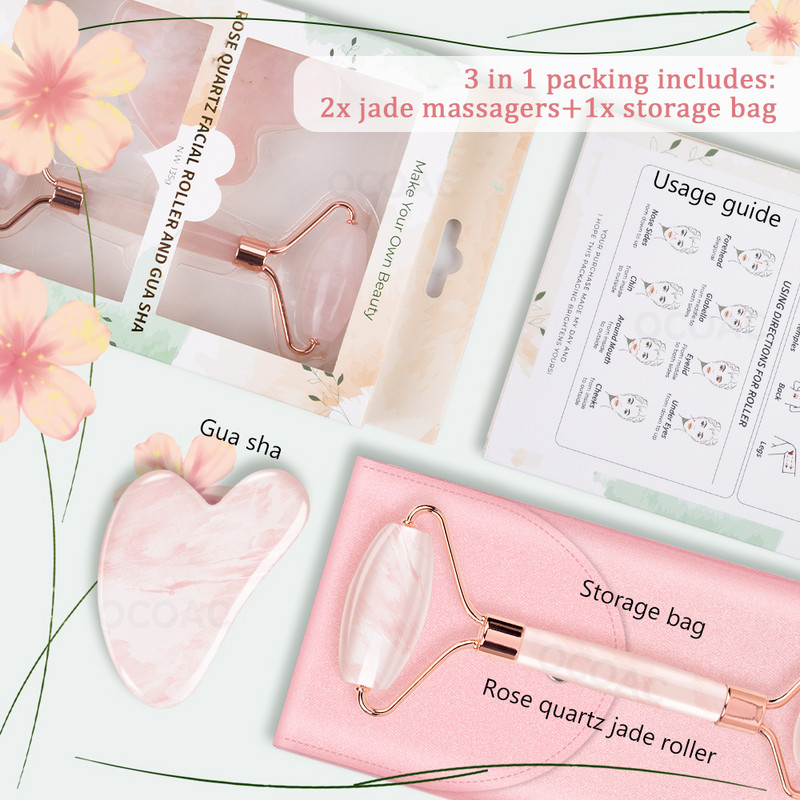 2/1db Gua Sha masszírozó arcra Rózsakvarc Jade Roller Beauty Health Bőrkaparás Lifting Természetes Köves Gouache Masszázs Dobozban