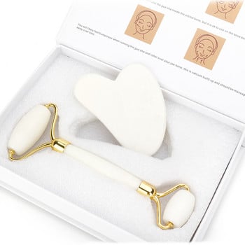 White Jade Roller Gua Sha Set Massage Tool Бял нефрит против стареене Подпухналост на очите Бръчки Грижа за кожата Масаж за лице Очи Отслабване