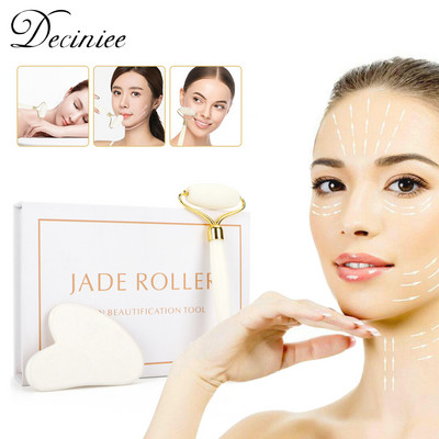 White Jade Roller Gua Sha Set Masažo įrankis White Jade Anti Aging Akių paburkimas Raukšles Odos priežiūra Masažas veidui Akims Lieknina