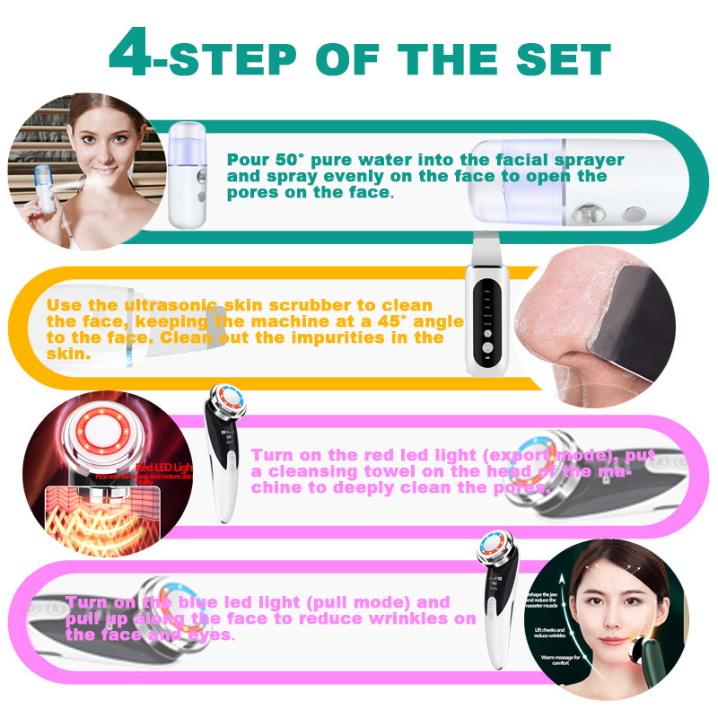 2+3 készlet ultrahangos bőrradír arc spatula mitesszer eltávolító EMS LED arcmasszírozó pórustisztító peeling arc lifting