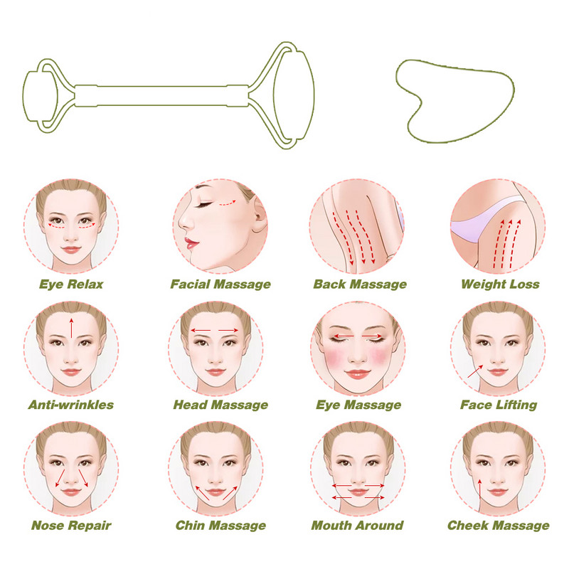 Natūralaus akmens nefrito akių kaukė Veido masažo volelis Guasha lenta šalto terapijos akių kaukė Guašo grandiklis veido masažuoklis Jade volelis