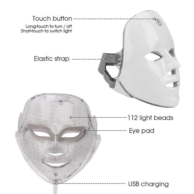 Mască facială LED în 7 culori Terapie cu fotoni Anti-Acnee Îndepărtarea ridurilor Întinerirea pielii Strânge Mașină de frumusețe Instrumente de îngrijire a pielii