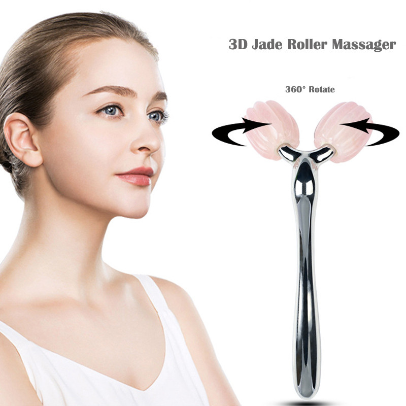 Ránctalanító 3D Face Lift Roller Masszírozó Arcmasszázs 360 Forgatható Természetes Köves Rózsakvarc Jade Henger az Arc Karcsúsítására