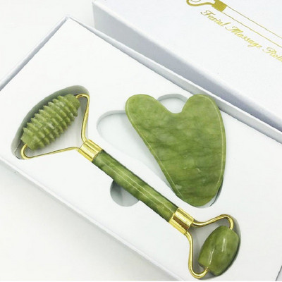Natūralus veido masažuoklis Jade Beauty Device voleliu masažuoklio rinkinys Gua Sha + volelis + dovanų dėžutė Jade ritininis grandiklis veido odos priežiūra