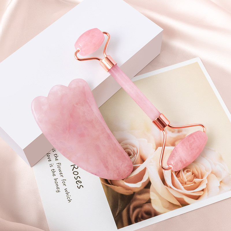 Natural Jade Roller Gua Sha Set Arc szépség Bőrápolás Karcsú eszközök Rózsakvarc masszírozó arcra test nyak Relax ránctalanító