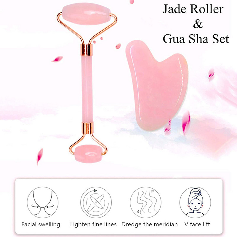 Natural Jade Roller Gua Sha Set Arc szépség Bőrápolás Karcsú eszközök Rózsakvarc masszírozó arcra test nyak Relax ránctalanító