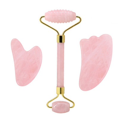 Természetes rózsakvarc henger Gua Sha Board Jade masszírozó eszközök Ránctalanító Jade Roller Gouache Kaparó Arcmasszírozó eszköz