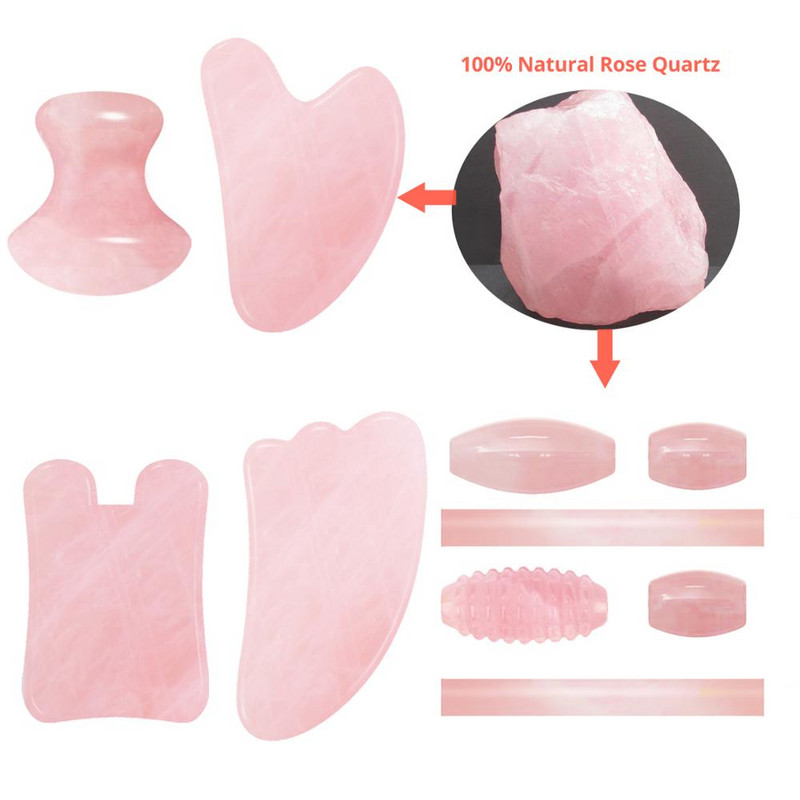 Természetes rózsakvarc henger Gua Sha Board Jade masszírozó eszközök Ránctalanító Jade Roller Gouache Kaparó Arcmasszírozó eszköz