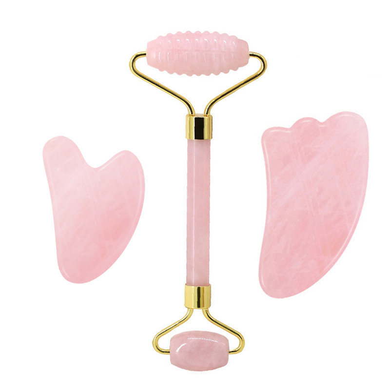 Természetes rózsakvarc henger Gua Sha Board Jade masszírozó eszközök Ránctalanító Jade Roller Gouache Kaparó Arcmasszírozó eszköz