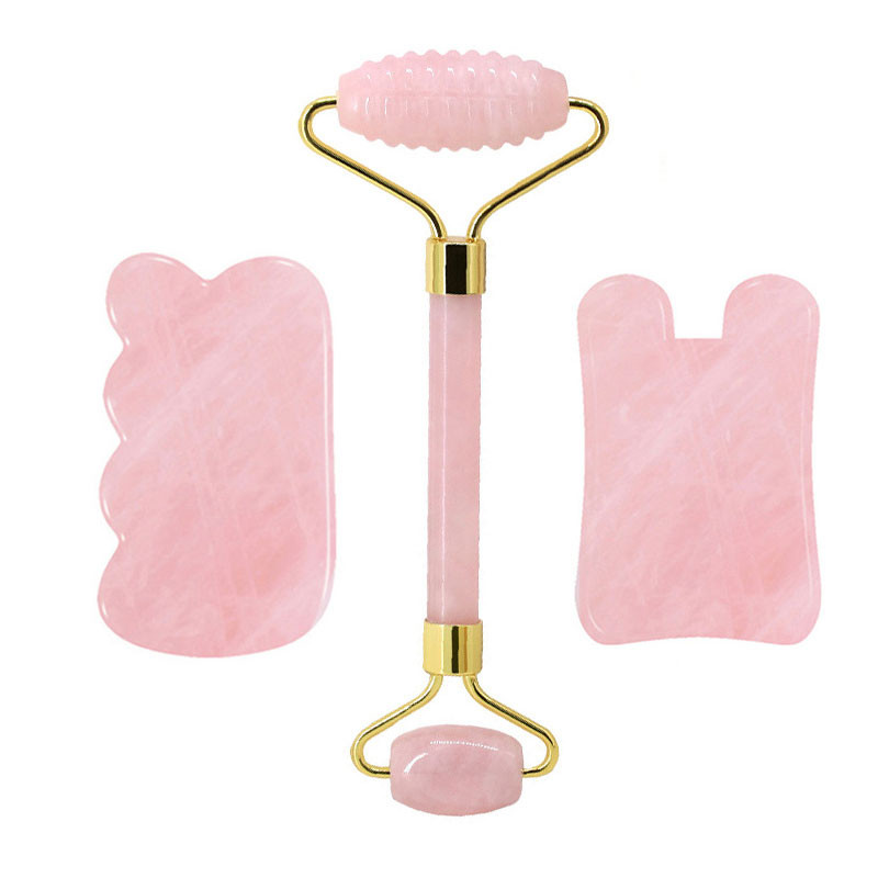 Természetes rózsakvarc henger Gua Sha Board Jade masszírozó eszközök Ránctalanító Jade Roller Gouache Kaparó Arcmasszírozó eszköz