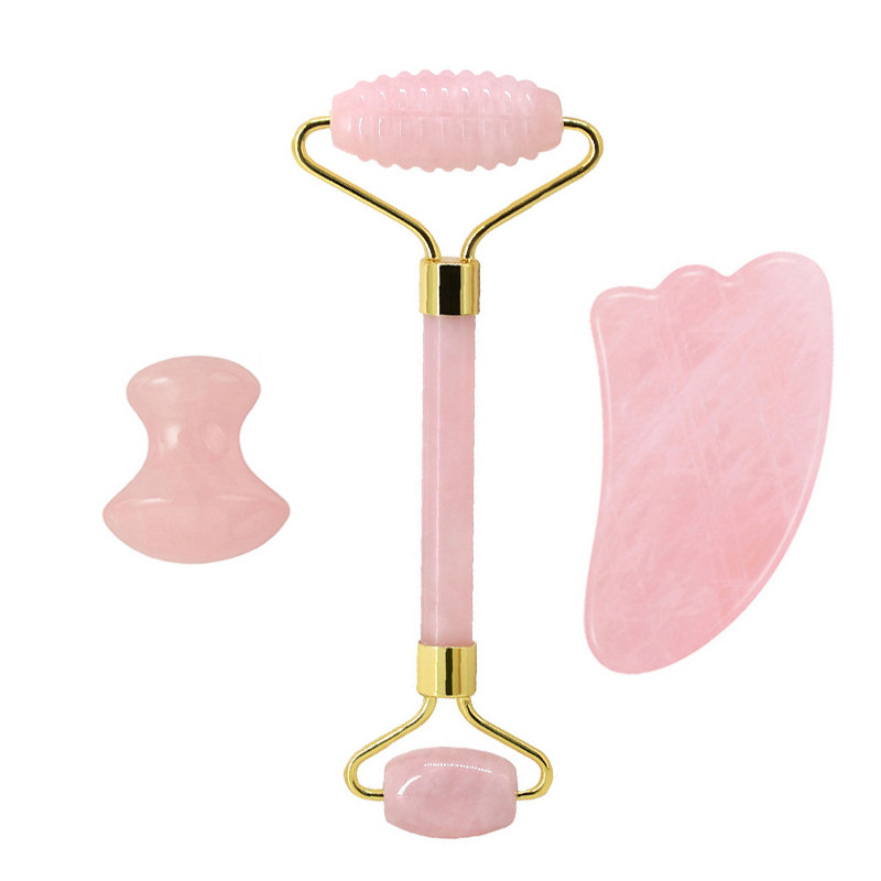 Természetes rózsakvarc henger Gua Sha Board Jade masszírozó eszközök Ránctalanító Jade Roller Gouache Kaparó Arcmasszírozó eszköz