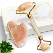 Rózsakvarc Természetes Gua Sha Jade Roller Beauty Skin Care Set Masszírozó Arc Gouache Kaparó Arc Lifting Szépség Masszázs eszköz