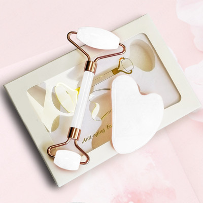 Rózsakvarc Természetes Gua Sha Jade Roller Beauty Skin Care Set Masszírozó Arc Gouache Kaparó Arc Lifting Szépség Masszázs eszköz