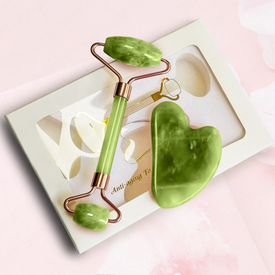 Rózsakvarc Természetes Gua Sha Jade Roller Beauty Skin Care Set Masszírozó Arc Gouache Kaparó Arc Lifting Szépség Masszázs eszköz